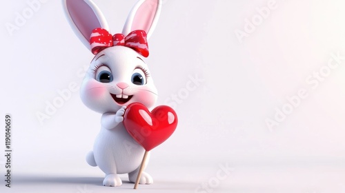 A cute cartoon rabbit wearing a festive bow and holding a lollipop shaped like a heart, smiling sweetly, on a clean white background