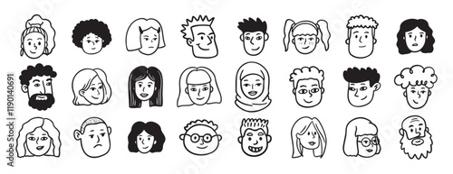 Faces people different avatars doodle hand drawn icon set. Outline drawing head people line clipart symbol collection