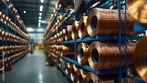 Wallpaper Mural Copper Wire Storage in Industrial Warehouse: Rows of neatly organized copper wire coils on shelves, showcasing efficient industrial storage and the manufacturing process. Torontodigital.ca