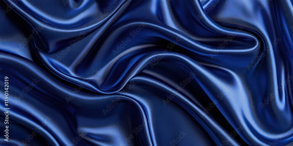 Obraz premium Elegant navy blue silk satin with wavy folds, soft glowing light lines, and a gradient dark background, offering an abstract and luxurious space for design or text.