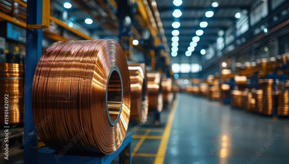 Obraz premium Copper Wire Spools in Industrial Warehouse