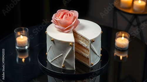 A minimalist-style birthday cake, covered in smooth white fondant with a modern geometric design, metallic gold accents decorating the edges photo