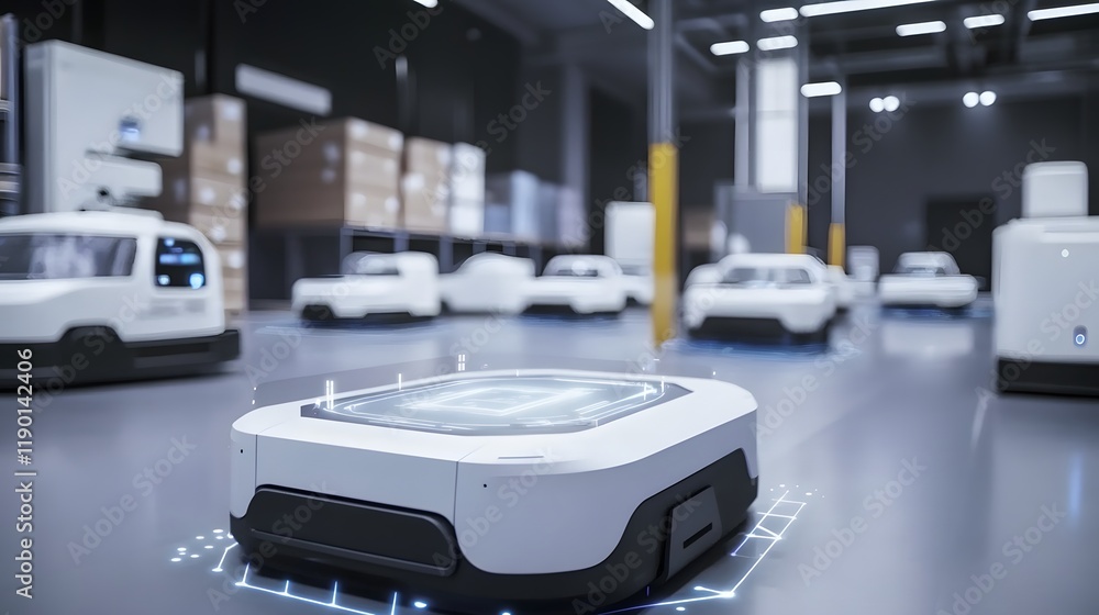 Advanced Automated Guided Vehicles Efficiently Transporting Parcels in a Modern Warehouse Setting with High-Tech Infrastructure and Intelligent Navigation Systems Advanced Automated Guided Vehicles Efficiently Transporting Parcels in a Modern Warehouse Setting with High-Tech Infrastructure and Intelligent Navigation Systems