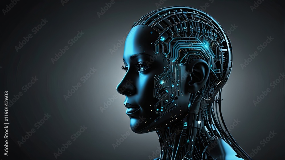 Futuristic design of a human like robot head featuring detailed circuitry illuminated in blue symbolizing advanced technology and artificial intelligence concepts Futuristic design of a human like robot head featuring detailed circuitry illuminated in blue symbolizing advanced technology and artificial intelligence concepts
