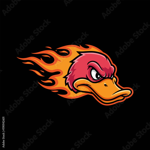 A stylized cartoon duck head engulfed in flames serves as a powerful mascot design.