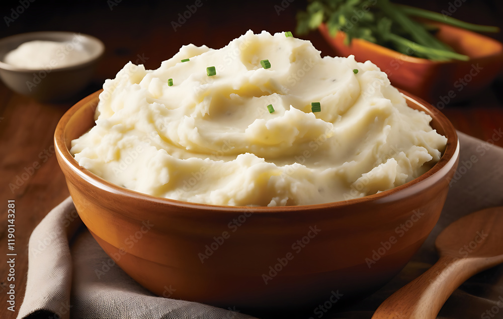 A bowl of creamy mashed potatoes with garlic, topped with parsley, ready for a delicious meal A bowl of creamy mashed potatoes with garlic, topped with parsley, ready for a delicious meal