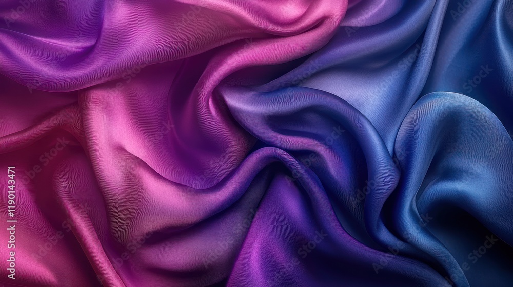 Obraz premium A stunning gradient of dark blue, purple, and pink silk satin fabric, flowing in silky smooth folds, perfect for an abstract and elegant background with room for design elements.