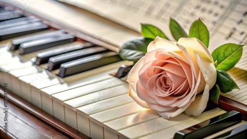 A delicate rose blooms on a piano keyboard surrounded by sheets of music and notes paper , rose, music