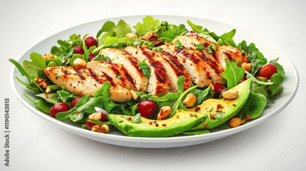 Grilled chicken salad with avocado, cranberries, and nuts. Grilled chicken salad with avocado, cranberries, and nuts.
