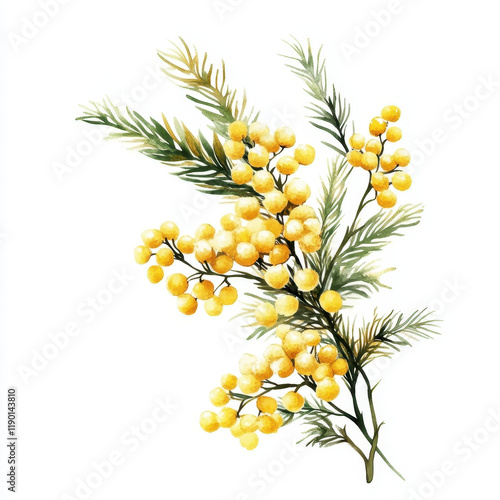 beautiful sprig of mimosa flowers with vibrant yellow blooms and green leaves, perfect for floral designs and decorations