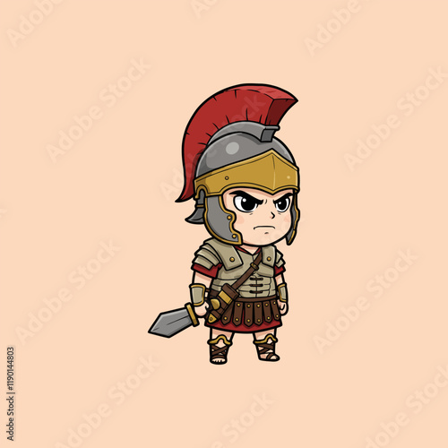 The image depicts a stylized cartoon illustration of a Roman soldier in full battle gear, ready for combat.