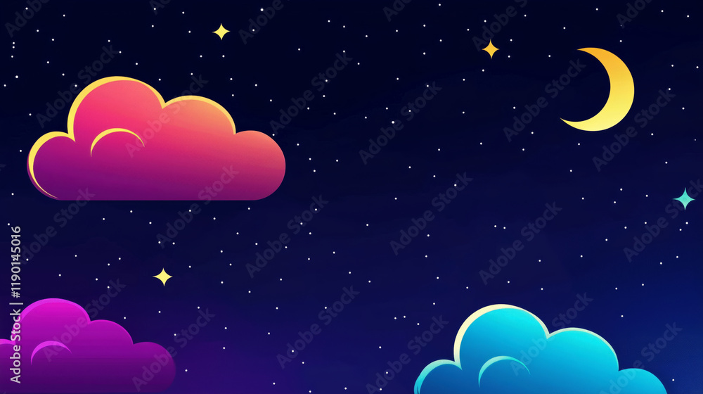 Vibrant neon clouds in night sky with stars and crescent moon Vibrant neon clouds in night sky with stars and crescent moon
