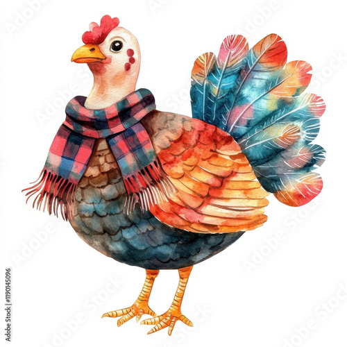 colorful turkey wearing plaid scarf, showcasing vibrant feathers and cheerful expression. Perfect for festive themes photo