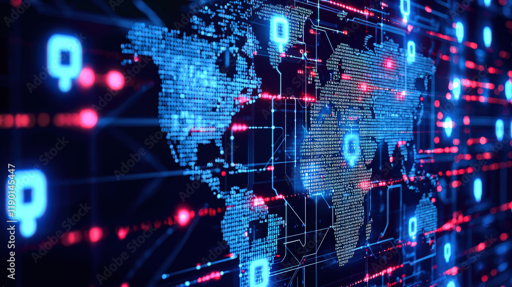 Eerie visualization of a deep web network with obscured IP addresses and encrypted data streams flowing across a digital world map, symbolizing a global cyberattack