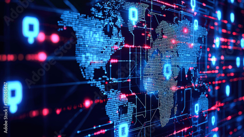 Obraz na płótnie Eerie visualization of a deep web network with obscured IP addresses and encrypted data streams flowing across a digital world map, symbolizing a global cyberattack w salonie