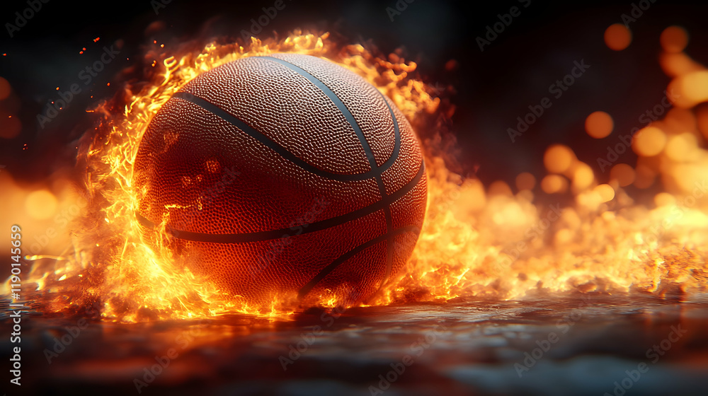 Fiery basketball court ablaze, night game Fiery basketball court ablaze, night game