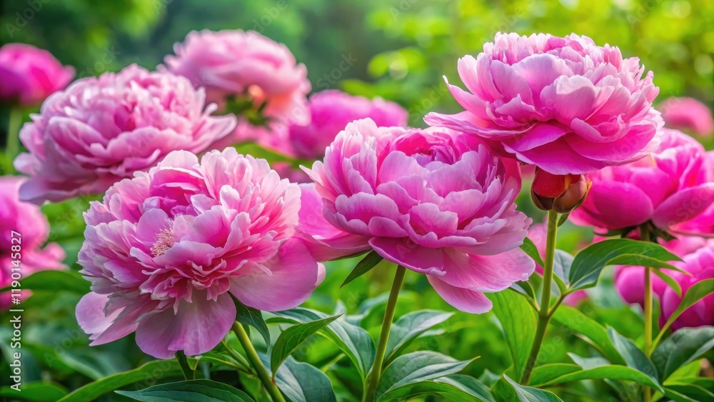 Large pink peony flowers with soft petals unfolding in a garden setting surrounded by lush greenery and vibrant foliage, blooming, blossoms Large pink peony flowers with soft petals unfolding in a garden setting surrounded by lush greenery and vibrant foliage, blooming, blossoms