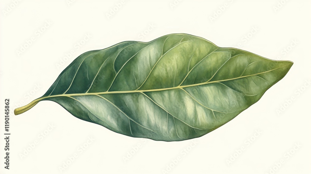 Fototapeta premium Single green leaf illustration with detailed veins and texture on white background.