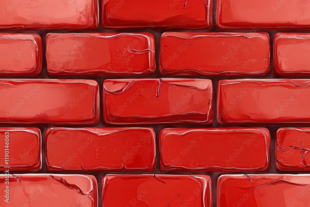 Fototapeta premium Red Brick Wall Texture: Close-up View of Shiny, Cracked Bricks forming a Seamless Pattern, Ideal for Backgrounds and Designs.