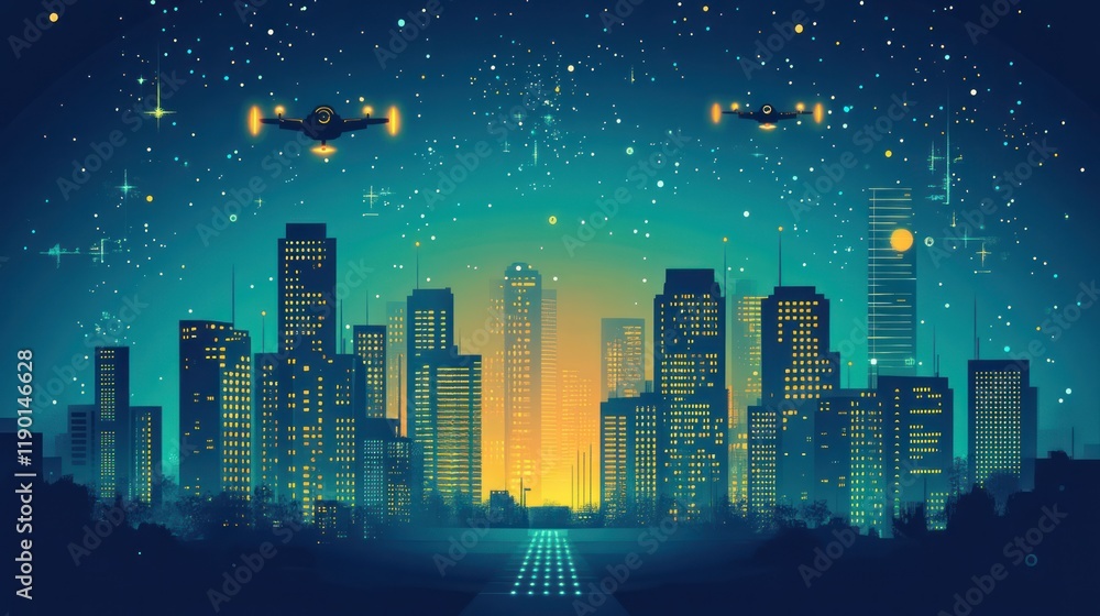 Fototapeta premium Futuristic city skyline at night with flying vehicles.