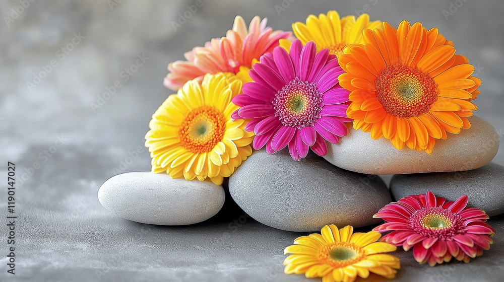Tranquil Arrangement of Gerbera Daisies and Smooth Stones Tranquil Arrangement of Gerbera Daisies and Smooth Stones