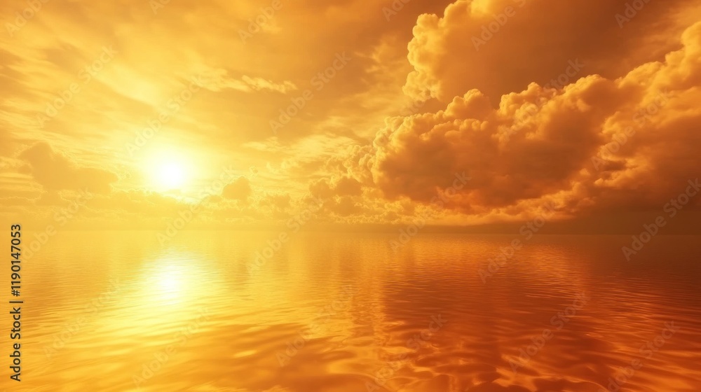 Obraz premium Golden sunset reflecting on calm ocean, fiery cloudscape
