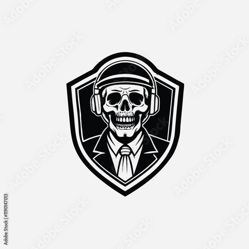 Vintage concept of skull in protective headphones in monochrome style isolated editable vector stroke saddle icon on white background