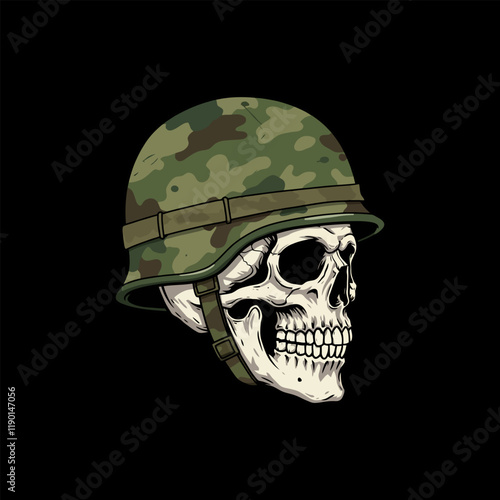 A detailed illustration depicts a human skull wearing a camouflage military helmet, symbolizing the cost of war.