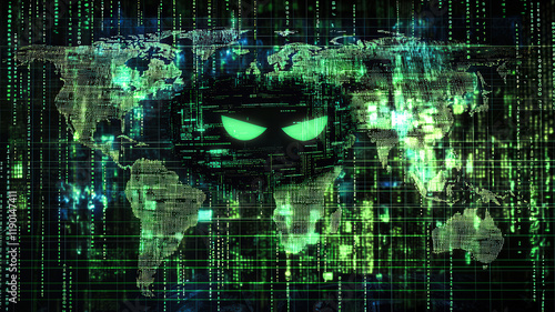 Eerie visualization of a deep web network with obscured IP addresses and encrypted data streams flowing across a digital world map, symbolizing a global cyberattack