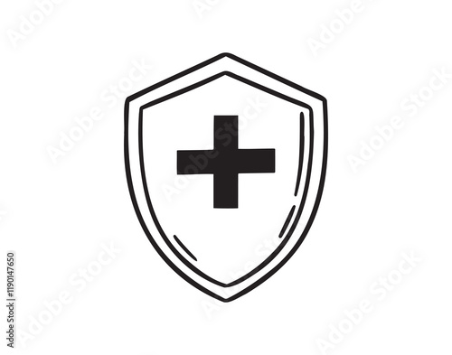 medical shield doodle hand drawn icon. Outline drawing medical shield health line clipart symbol
