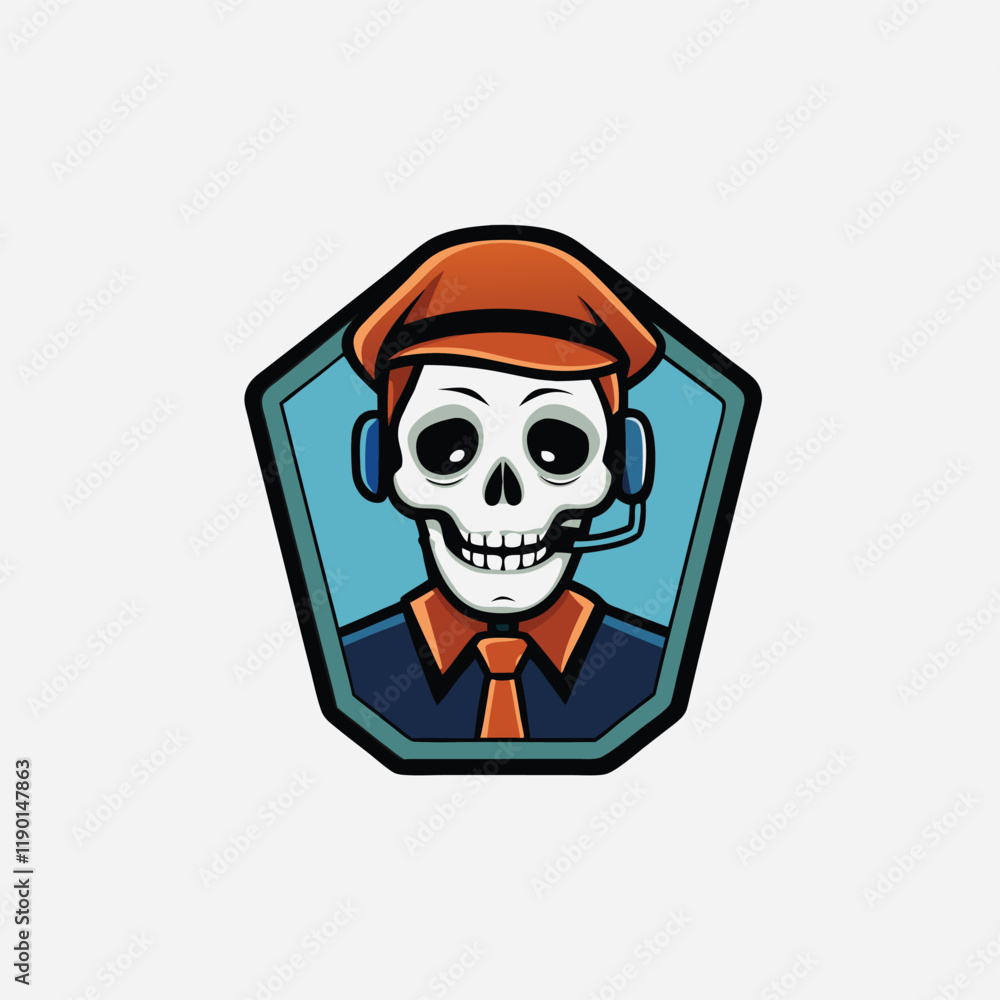Colored skull badge. Scary skull with gentleman cap, hair and headset isolated vector icon isolated on white background Colored skull badge. Scary skull with gentleman cap, hair and headset isolated vector icon isolated on white background