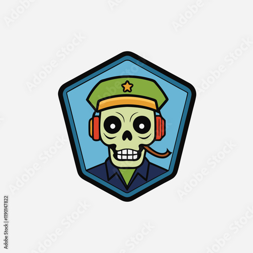 Colored skull badge. Scary skull with gentleman cap, hair and headset isolated vector icon isolated on white background