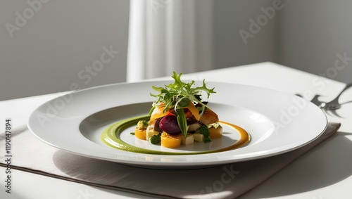 A refined gourmet plate featuring colorful vegetables, delicate greens, and vibrant sauces, elegantly presented on a white plate with soft natural light.