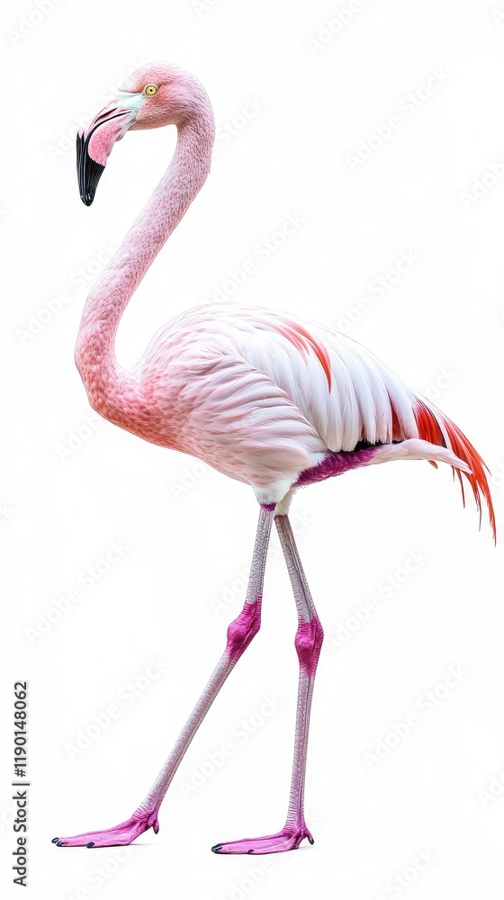Fototapeta premium Flamingo Walking Gracefully on a White Background - Perfect for Nature and Wildlife Presentations