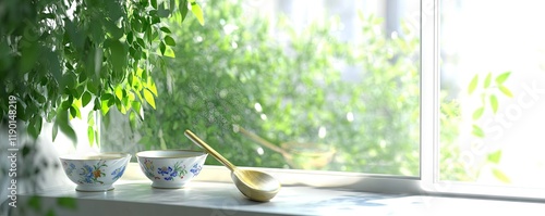 Serene Morning Sunlit Kitchen Windowsill with Bowls and Wooden Spoon