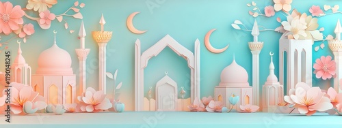 Serene Islamic Architecture with Paper Flowers: A 3D Render of Peaceful Mosques and Crescent Moons