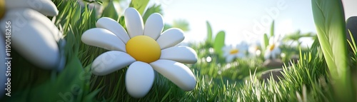 Close-Up of Daisies in a Sunlit Meadow with Vibrant Green Grass and Soft Blue Sky