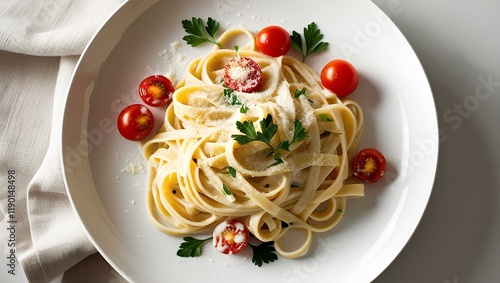 A beautifully plated dish of fettuccine pasta garnished with fresh cherry tomatoes, parsley, and grated Parmesan cheese, served on a white plate with a fabric napkin.