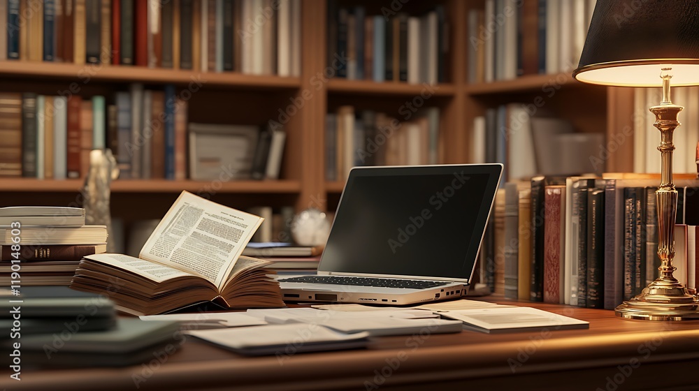 Serene Study: Laptop, Books, and Lamplight in a Library Serene Study: Laptop, Books, and Lamplight in a Library