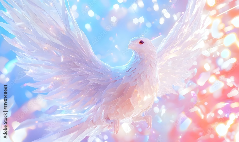 Obraz premium Snow Phoenix Ascendant, an ethereal sculpture of a phoenix crafted from snow, gracefully soaring amidst a shimmering winter landscape.