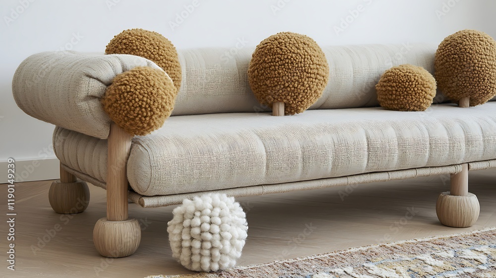 Fototapeta premium Elegant Beige Sofa Decorated With Fluffy Round Cushions