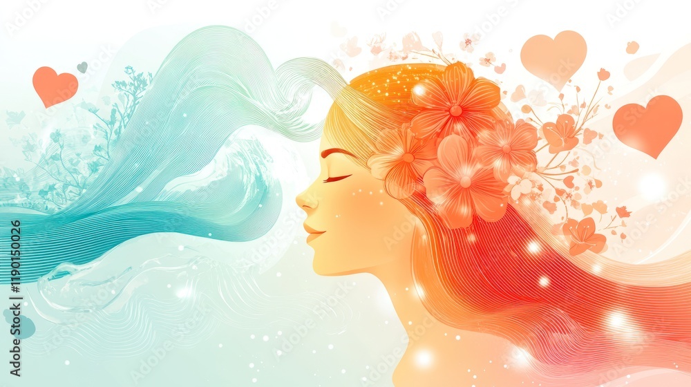 Serene woman with flowing hair and flowers. Serene woman with flowing hair and flowers.