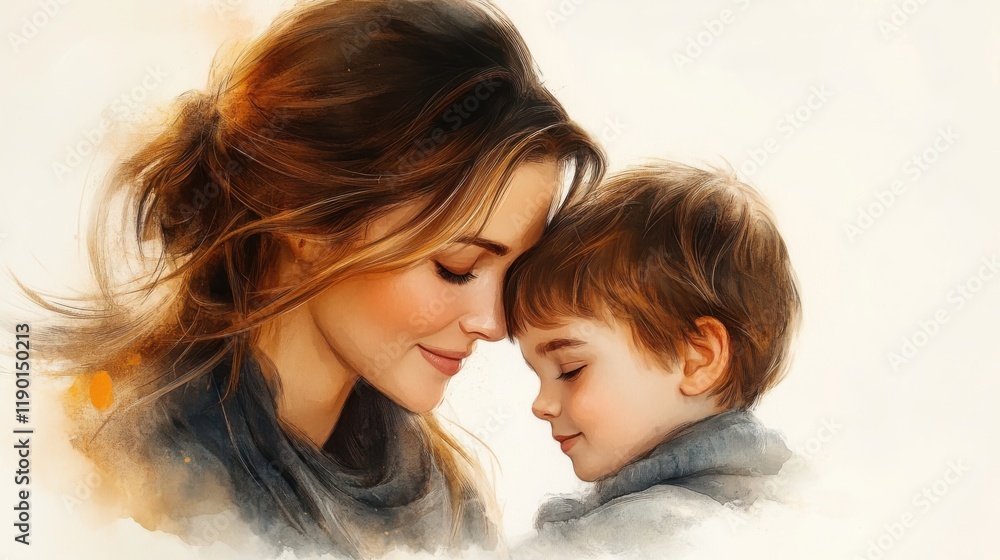 watercolor illustration of a mother and son hugging each other on a white background watercolor illustration of a mother and son hugging each other on a white background