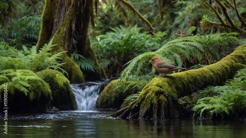 Wildlife Interaction: Pacific Yew Tree, Bird, and Flowing Stream in the Forest