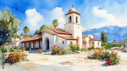 watercolor painting of a little church in los angeles california cityscape skyline