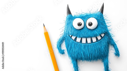 Playful blue monster toy with pencil on white background.