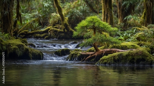 Forest Life: Pacific Yew Tree, Bird, and Flowing Stream in a Serene Landscape