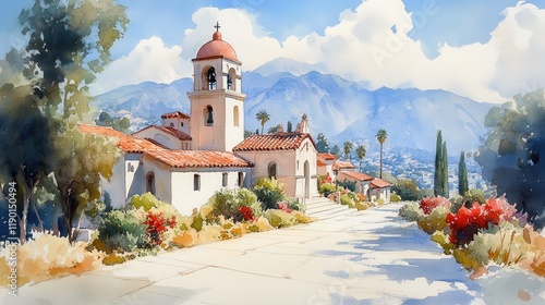 watercolor painting of a little church in los angeles california cityscape skyline