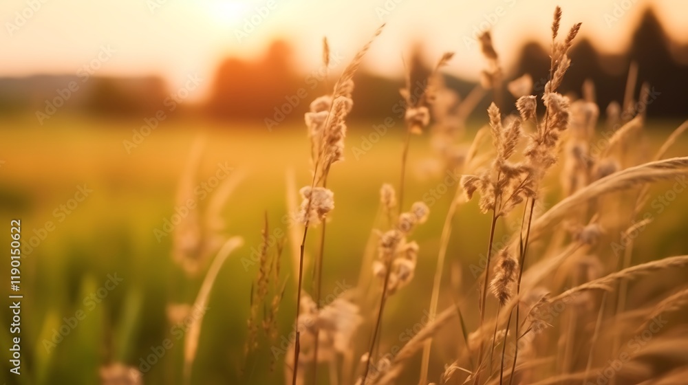 Fototapeta premium Golden Grass Blades Illuminated By Sunset Light