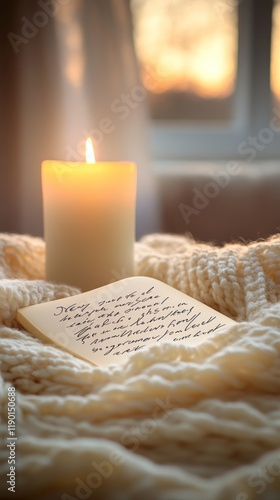 Cozy Candlelit Evening with Handwritten Letter on Knitted Blanket